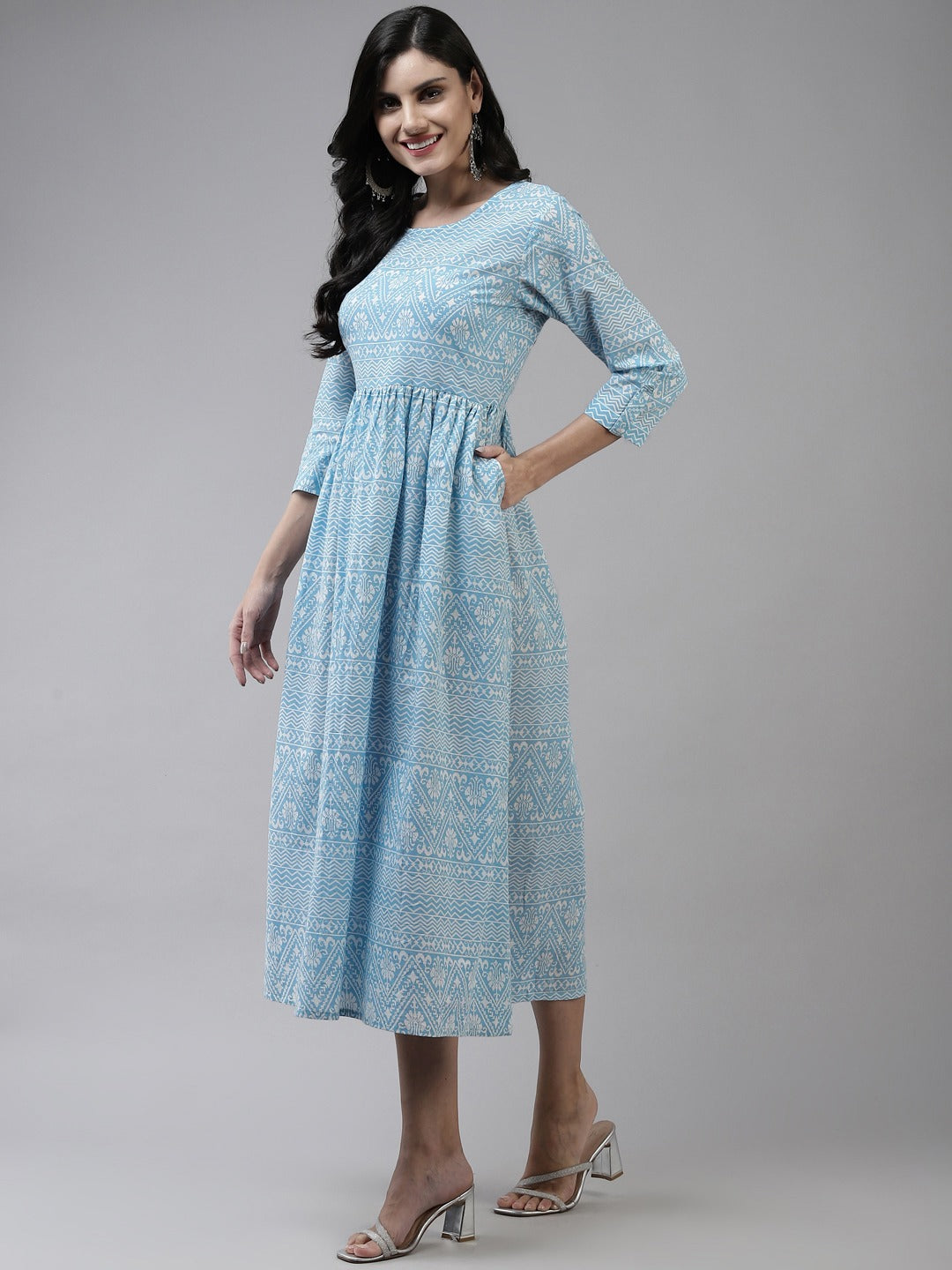 Blue Cotton Ethnic Midi Dress-Indiakreations-JS9786DRSSBS