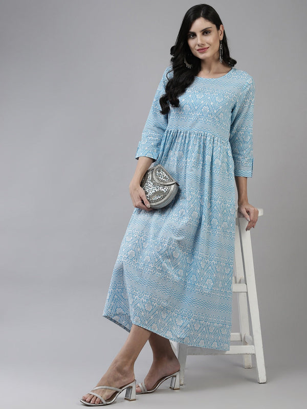 Blue Cotton Ethnic Midi Dress-Indiakreations-JS9786DRSSBS