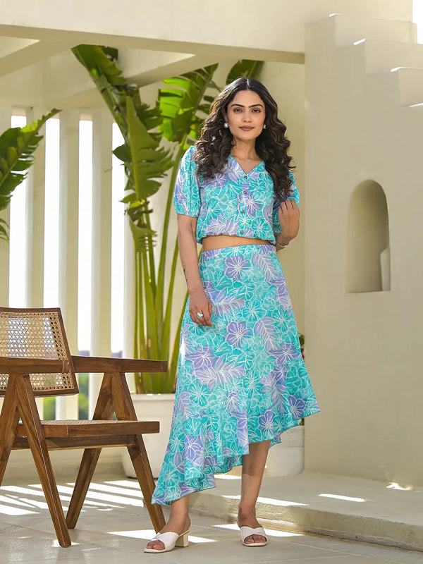 Blue Cotton Floral Print Co-Ord Set-Indiakreations-JS6912CRDBLS