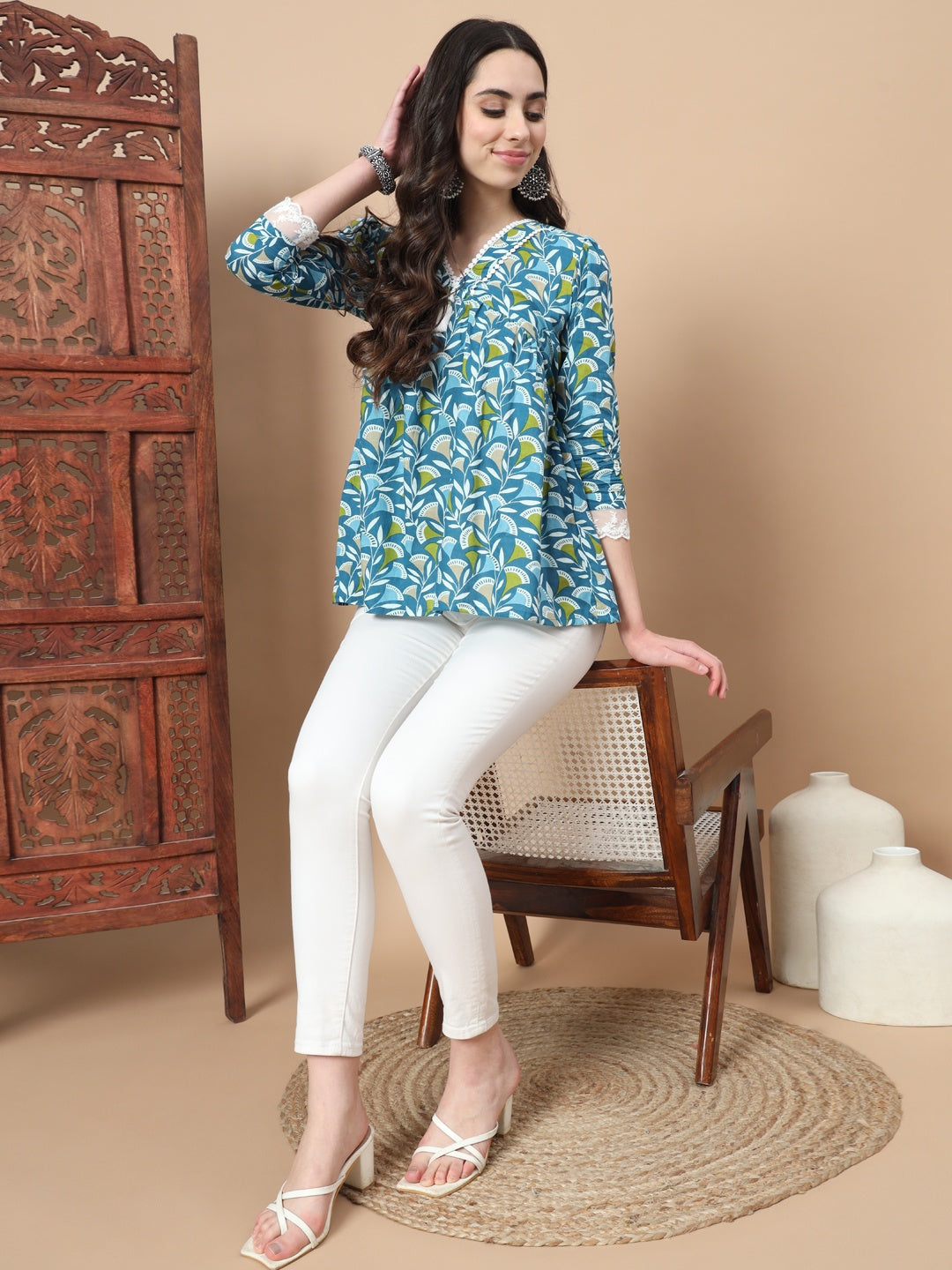 Blue Cotton Floral Printed Top With Lace Details-Indiakreations-JS1759TOPBLS