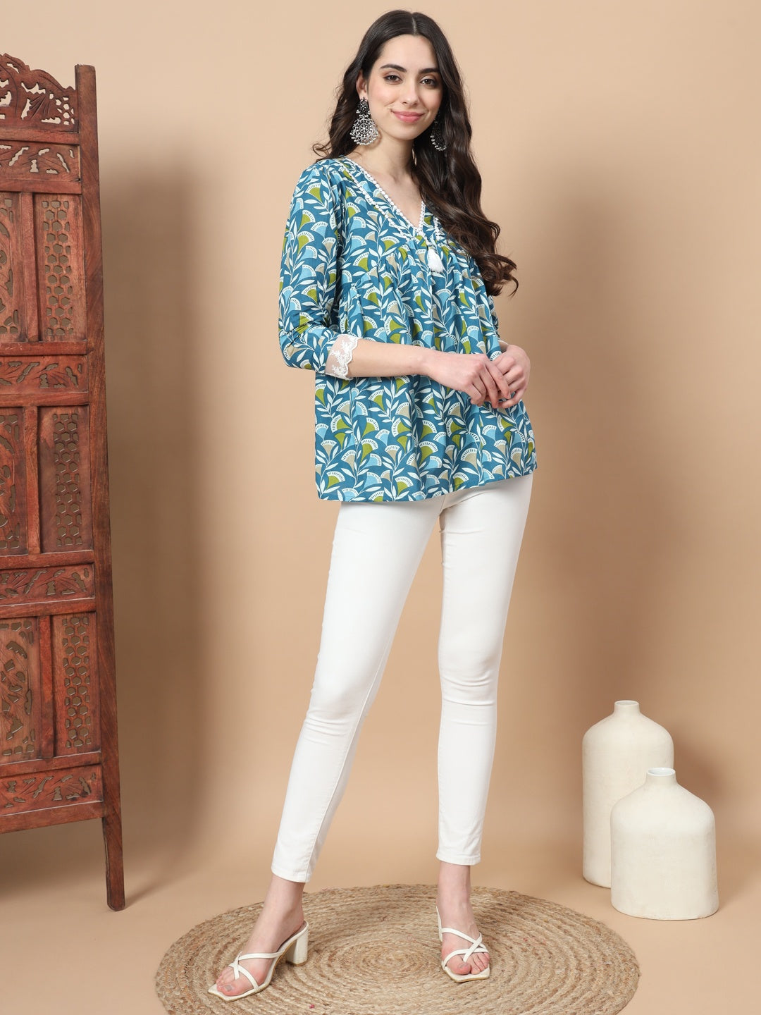 Blue Cotton Floral Printed Top With Lace Details-Indiakreations-JS1759TOPBLS