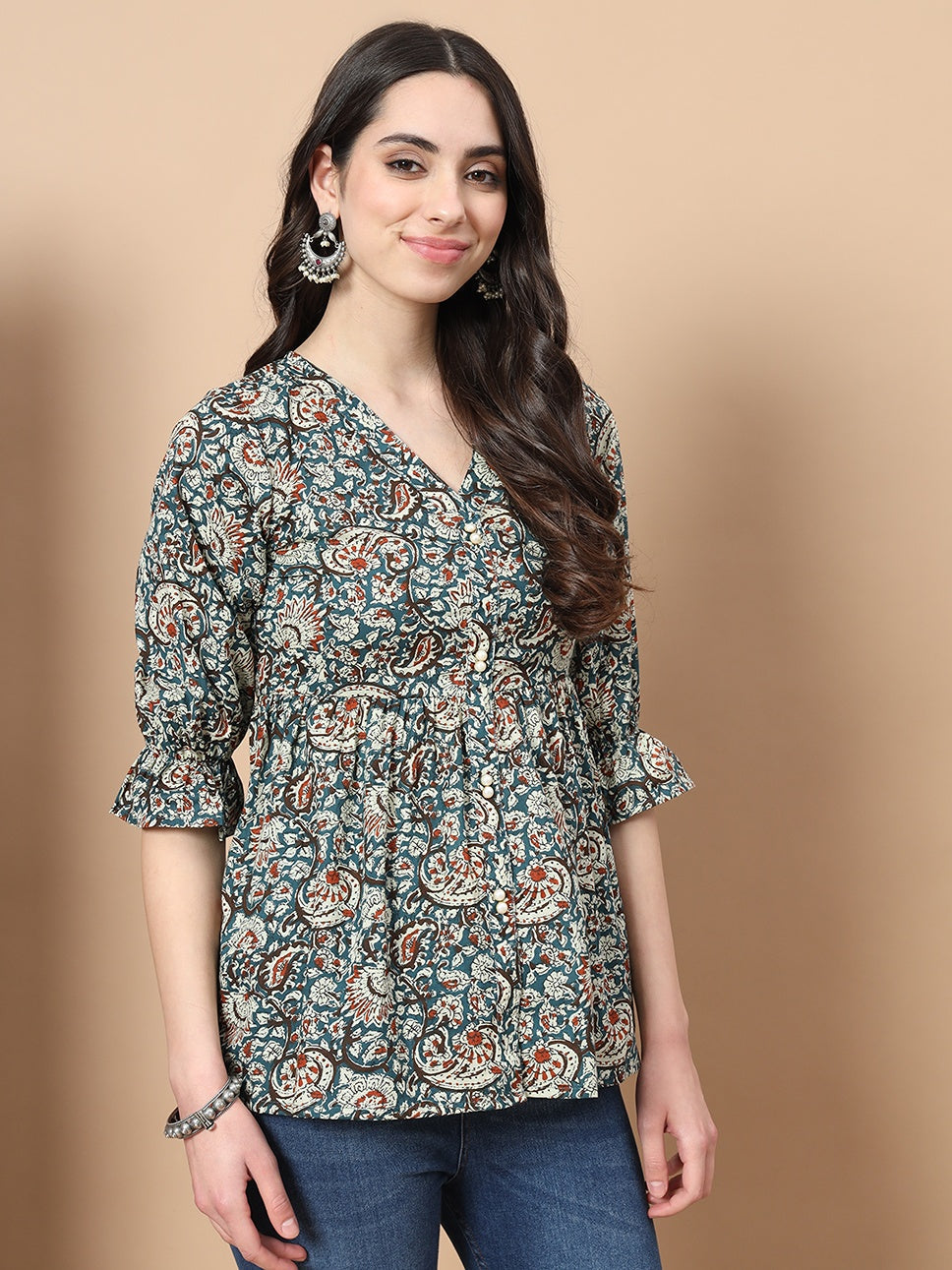 Blue Cotton Kalamkari Peplum Top-Indiakreations-JS1753TOPBLS