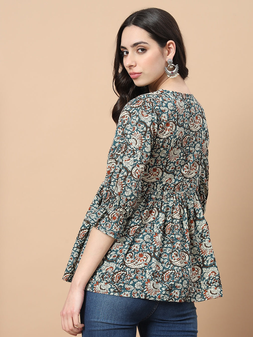 Blue Cotton Kalamkari Peplum Top-Indiakreations-JS1753TOPBLS