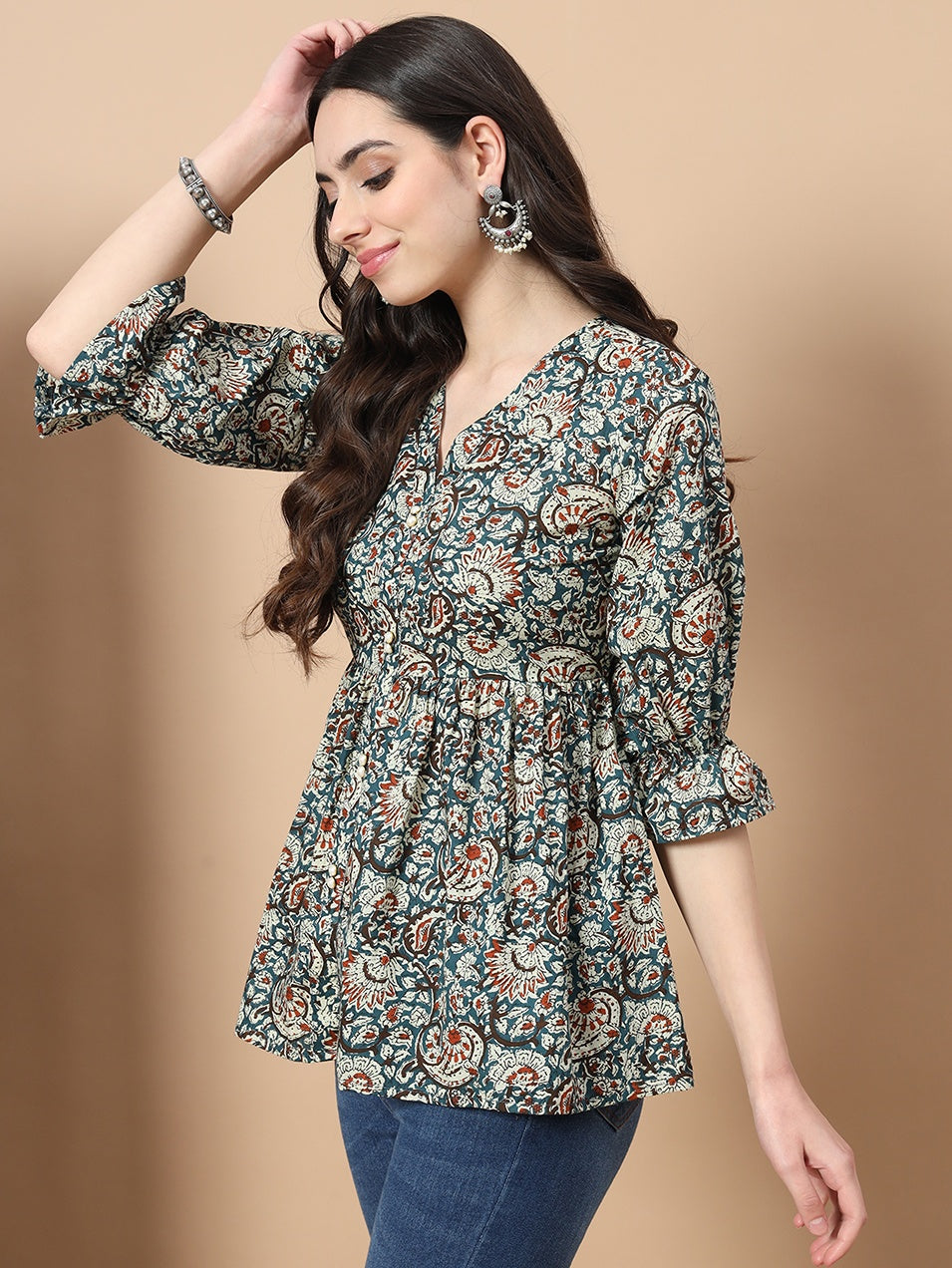 Blue Cotton Kalamkari Peplum Top-Indiakreations-JS1753TOPBLS