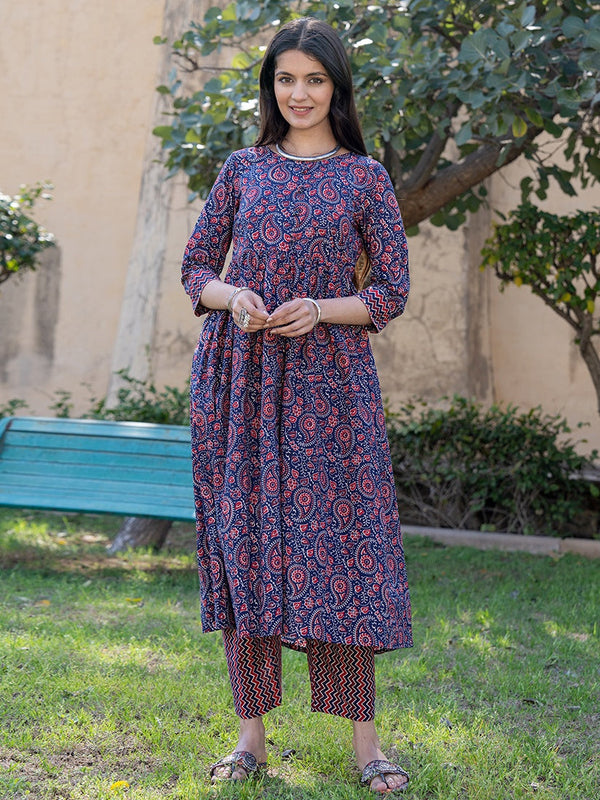 Blue Cotton Printed gathered kurta Set With Front Slit-Indiakreations-JS1883SETBLS