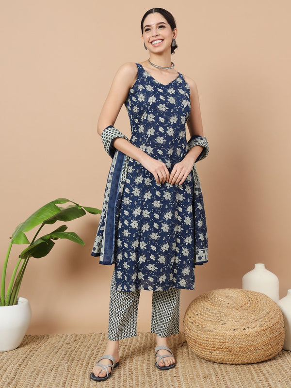 Blue Cotton Sleveless Kurta Dupatta Set-Indiakreations-JS1926SKDBLS