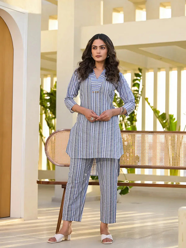 Blue Cotton Striped Print Co-Ord Set-Indiakreations-JS1920CRDBLS