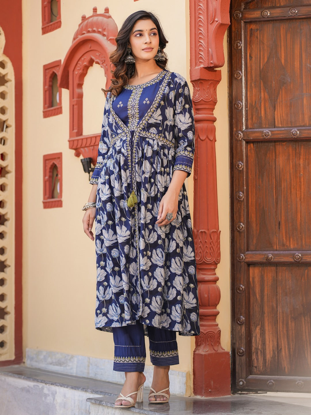 Blue Embroidered shrug Crop top co ord set-Indiakreations-JS1685CRDBLS