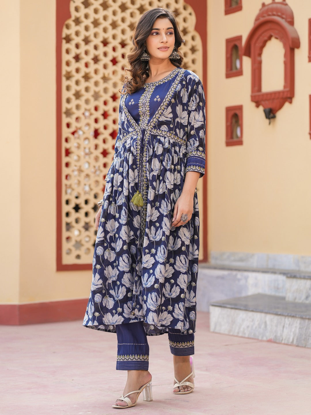 Blue Embroidered shrug Crop top co ord set-Indiakreations-JS1685CRDBLS