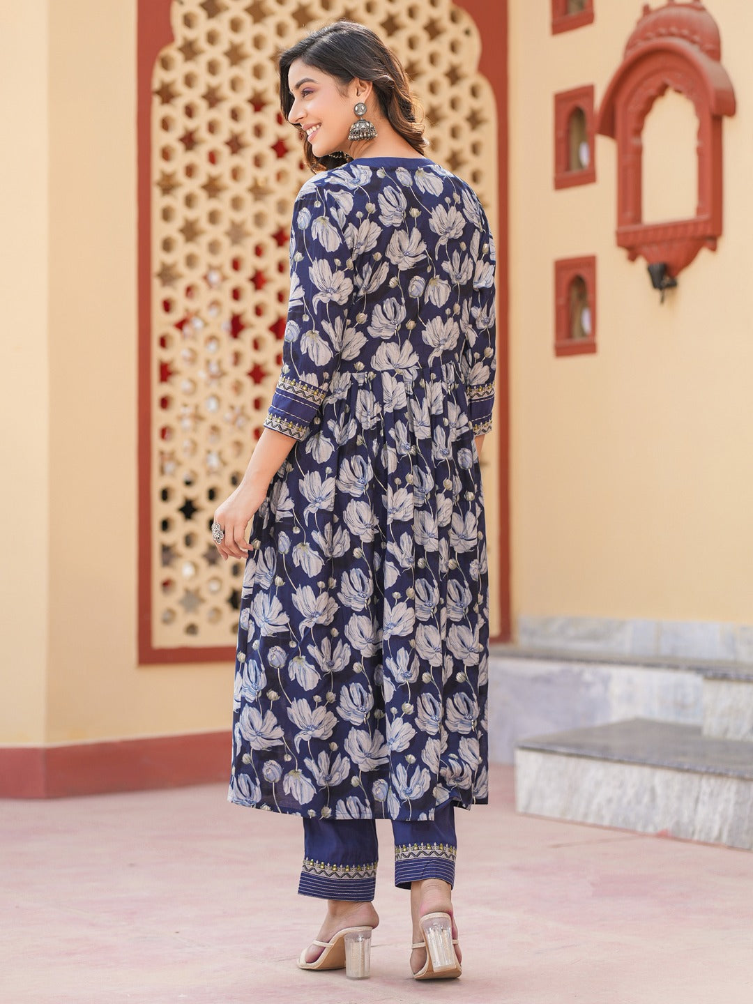 Blue Embroidered shrug Crop top co ord set-Indiakreations-JS1685CRDBLS