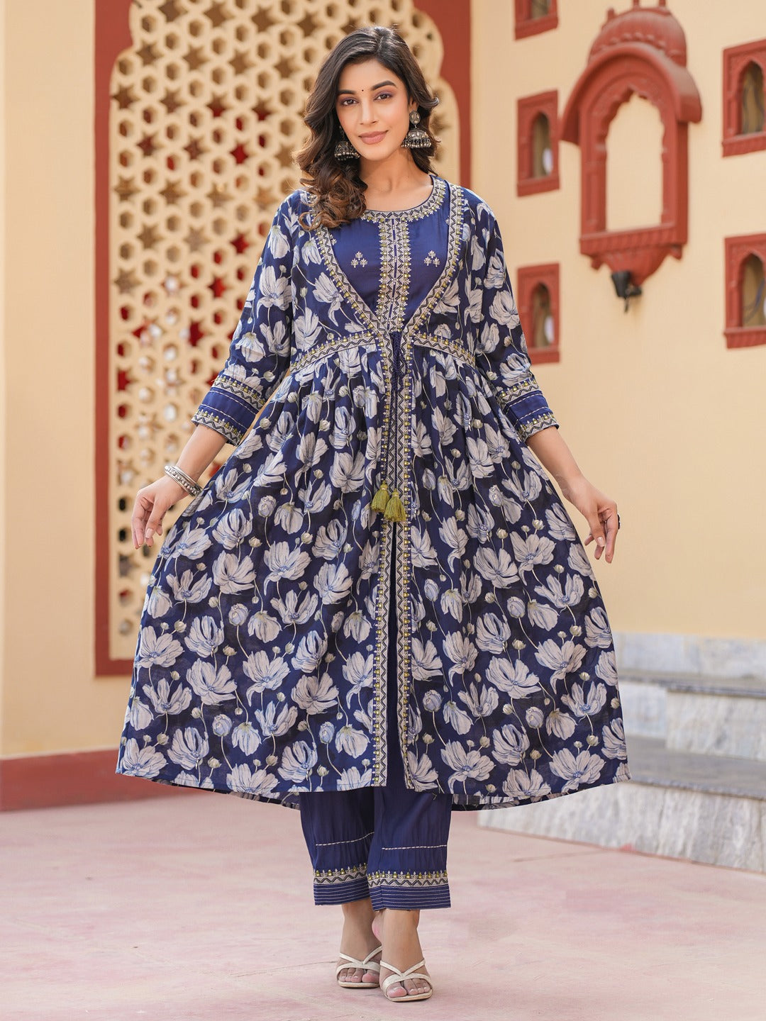 Blue Embroidered shrug Crop top co ord set-Indiakreations-JS1685CRDBLS