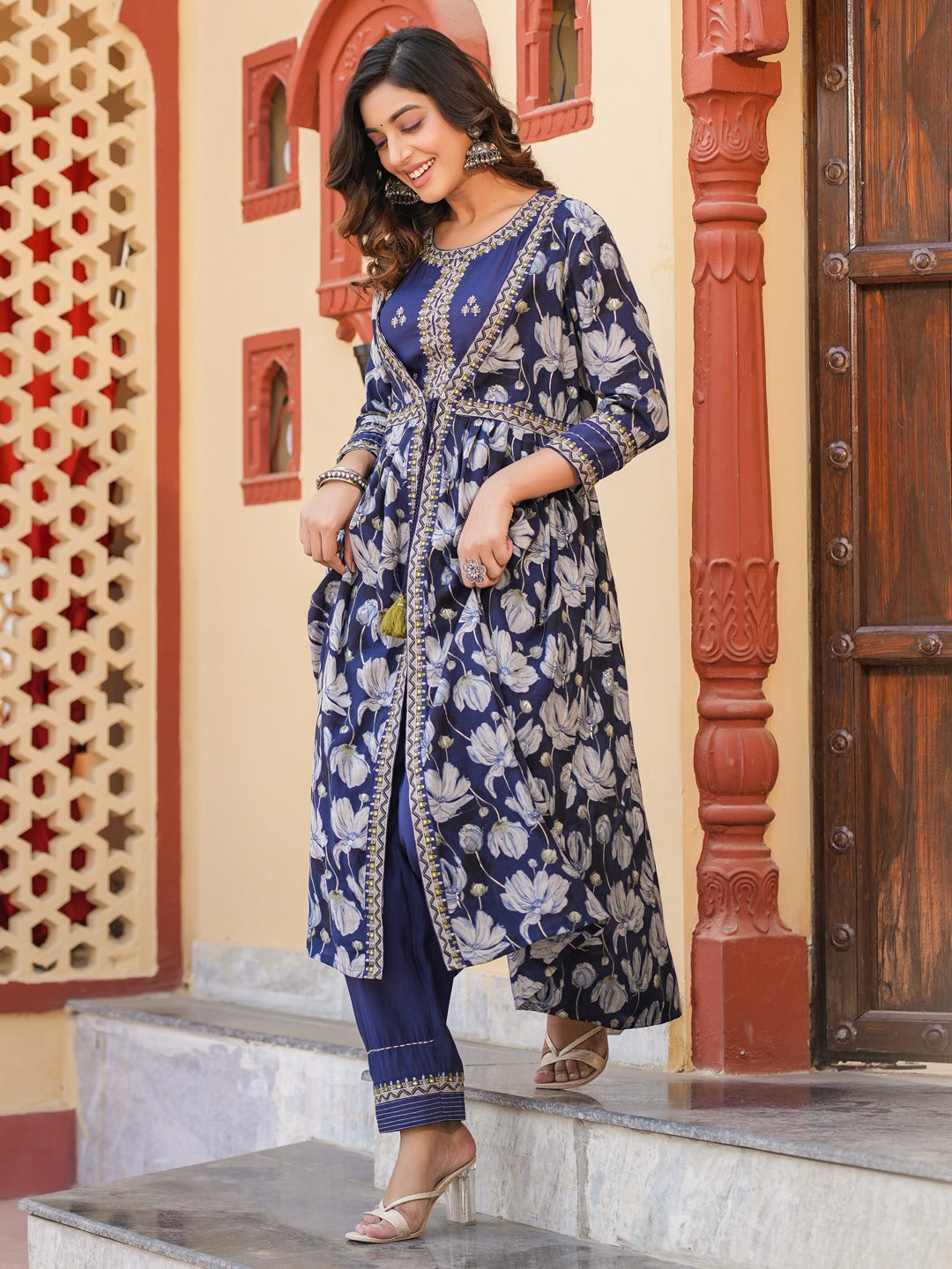 Blue Embroidered shrug Crop top co ord set-Indiakreations-JS1685CRDBLS