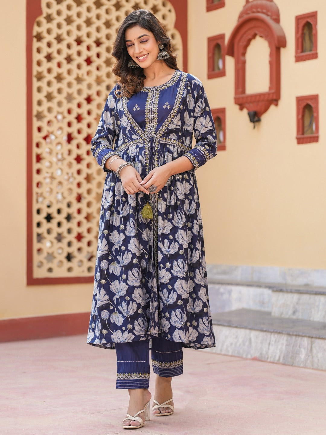 Blue Embroidered shrug Crop top co ord set-Indiakreations-JS1685CRDBLS