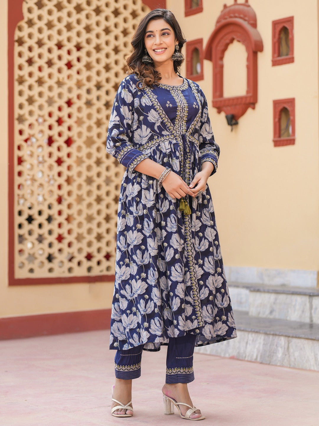 Blue Embroidered shrug Crop top co ord set-Indiakreations-JS1685CRDBLS