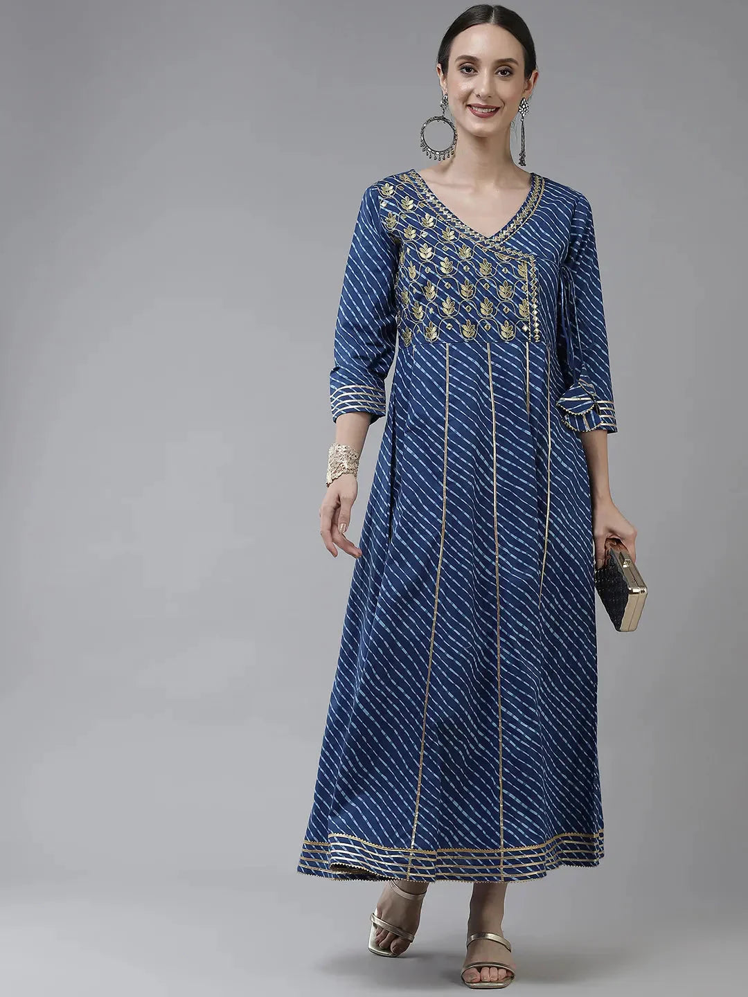 Blue Ethnic Motifs Maxi Dress-Indiakreations-JS9778DRSBLS