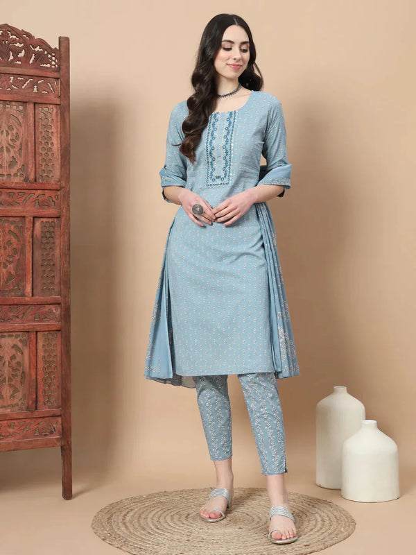 Blue Ethnic Motifs,Thread_Work Straight Kurta Trouser And Dupatta Set-Indiakreations-JS6812SKDBLS