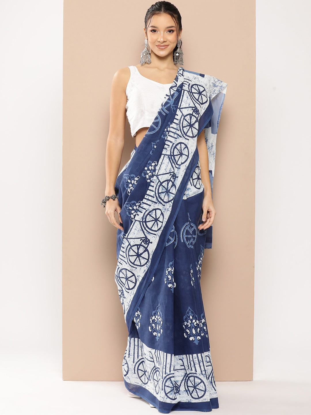 Blue Ethnic motifs Mulmul Cotton Sarees With Unstitched Blouse-Indiakreations-JS1960SARBL