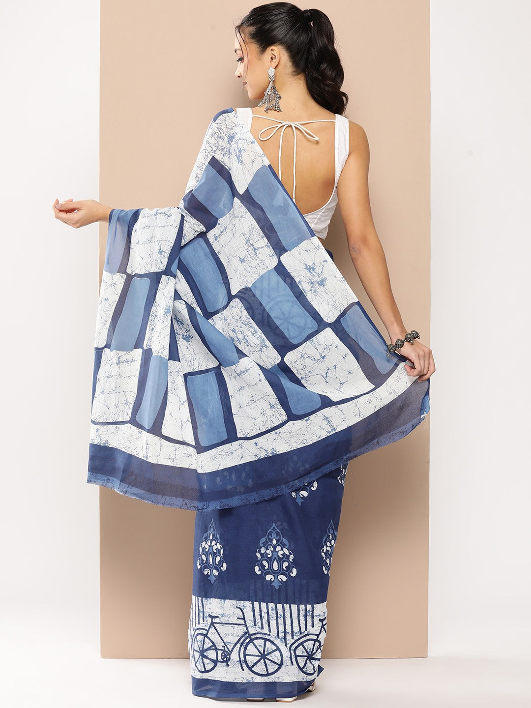 Blue Ethnic motifs Mulmul Cotton Sarees With Unstitched Blouse-Indiakreations-JS1960SARBL