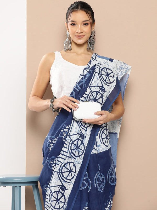 Blue Ethnic motifs Mulmul Cotton Sarees With Unstitched Blouse-Indiakreations-JS1960SARBL