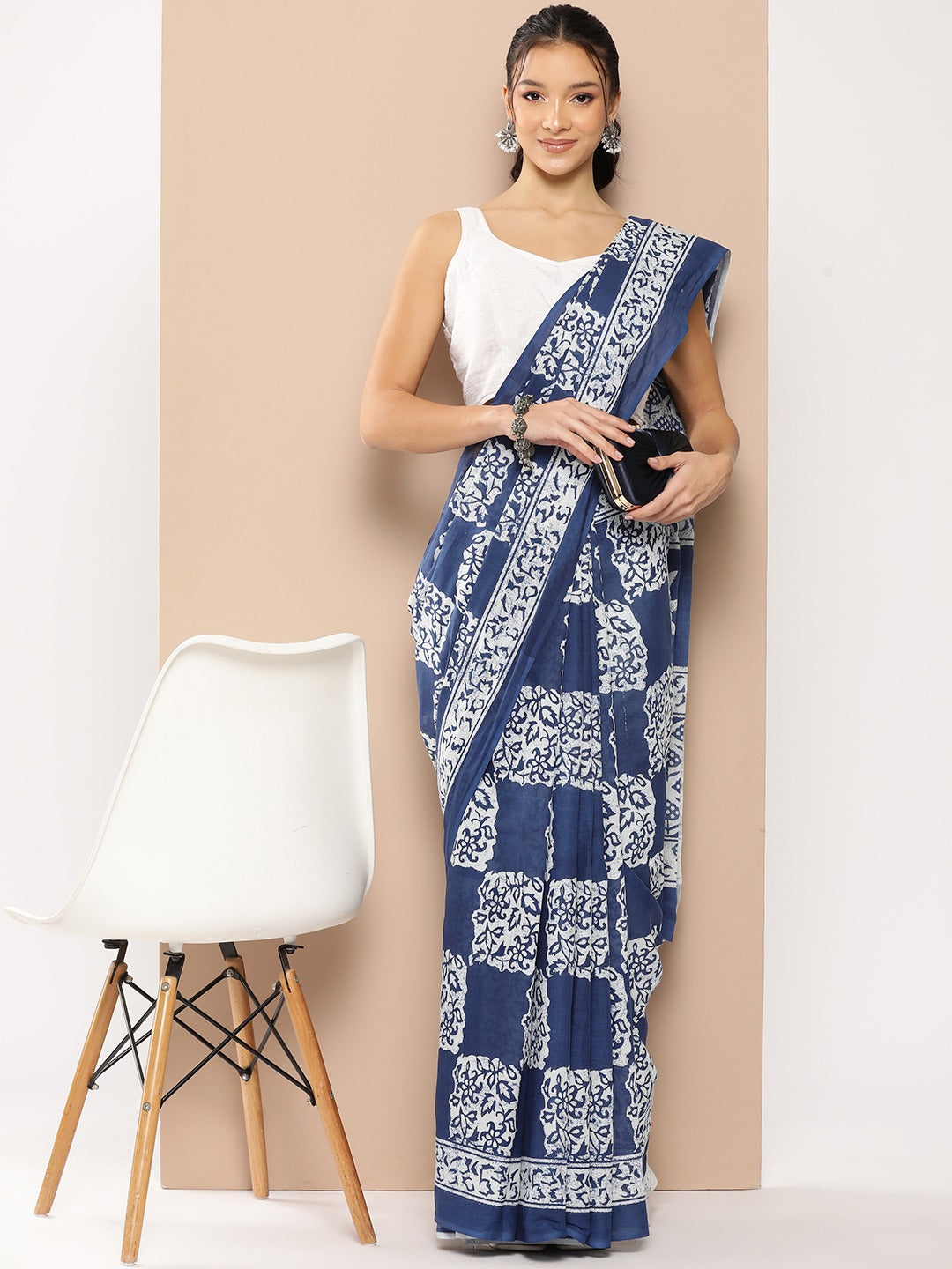 Blue Ethnic motifs Mulmul Cotton Sarees With Unstitched Blouse-Indiakreations-JS1965SARBL