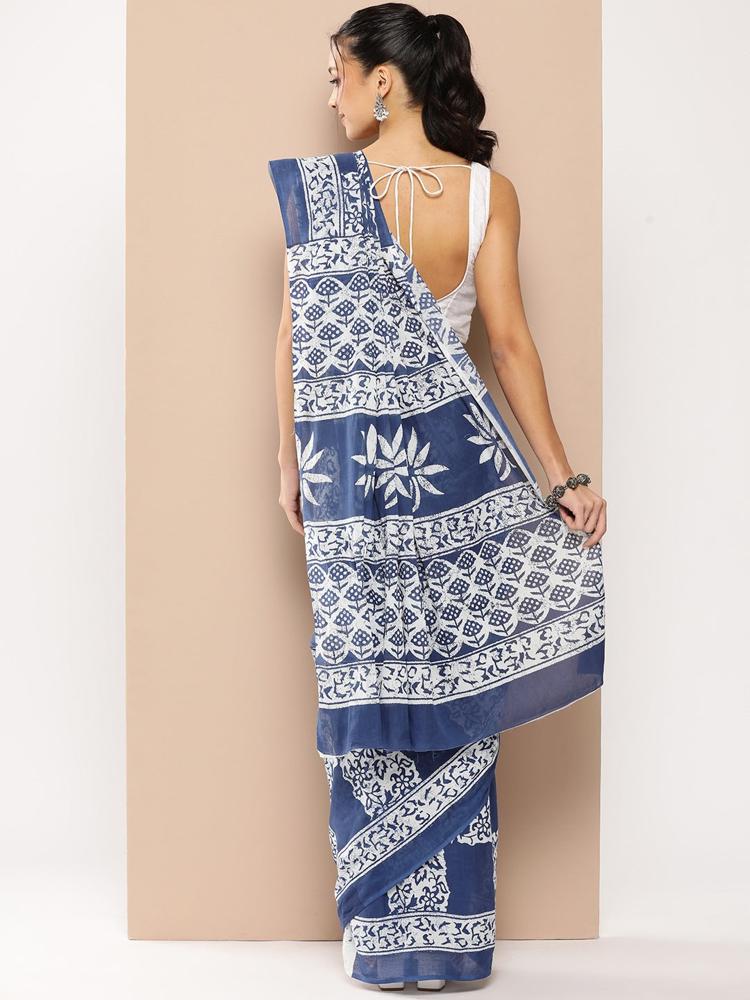 Blue Ethnic motifs Mulmul Cotton Sarees With Unstitched Blouse-Indiakreations-JS1965SARBL