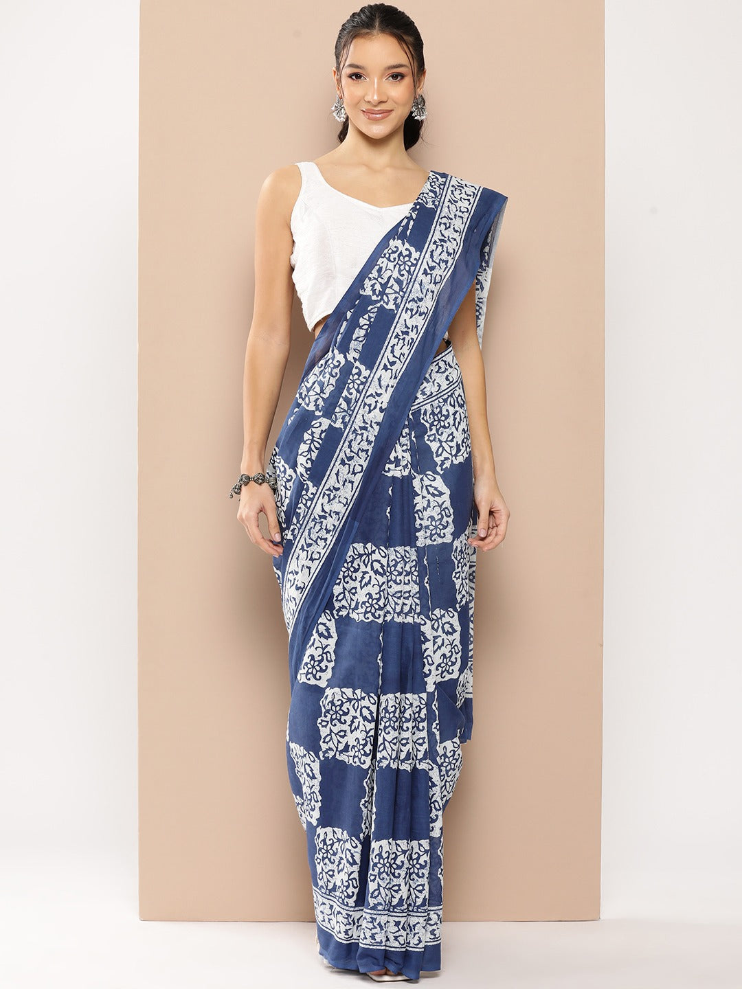 Blue Ethnic motifs Mulmul Cotton Sarees With Unstitched Blouse-Indiakreations-JS1965SARBL