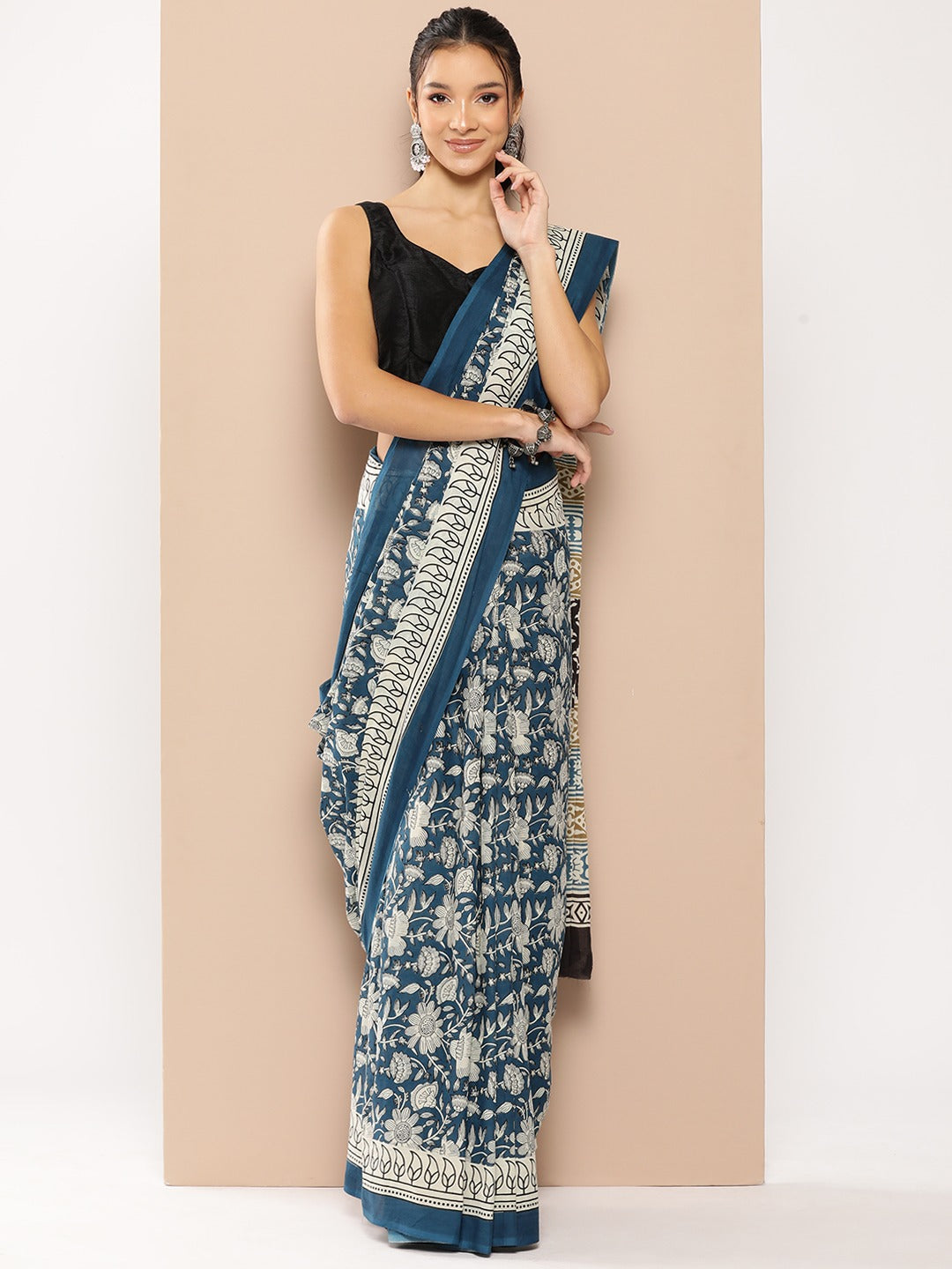 Blue Floral Mulmul Cotton Sarees With Unstitched Blouse-Indiakreations-JS1983SARBL