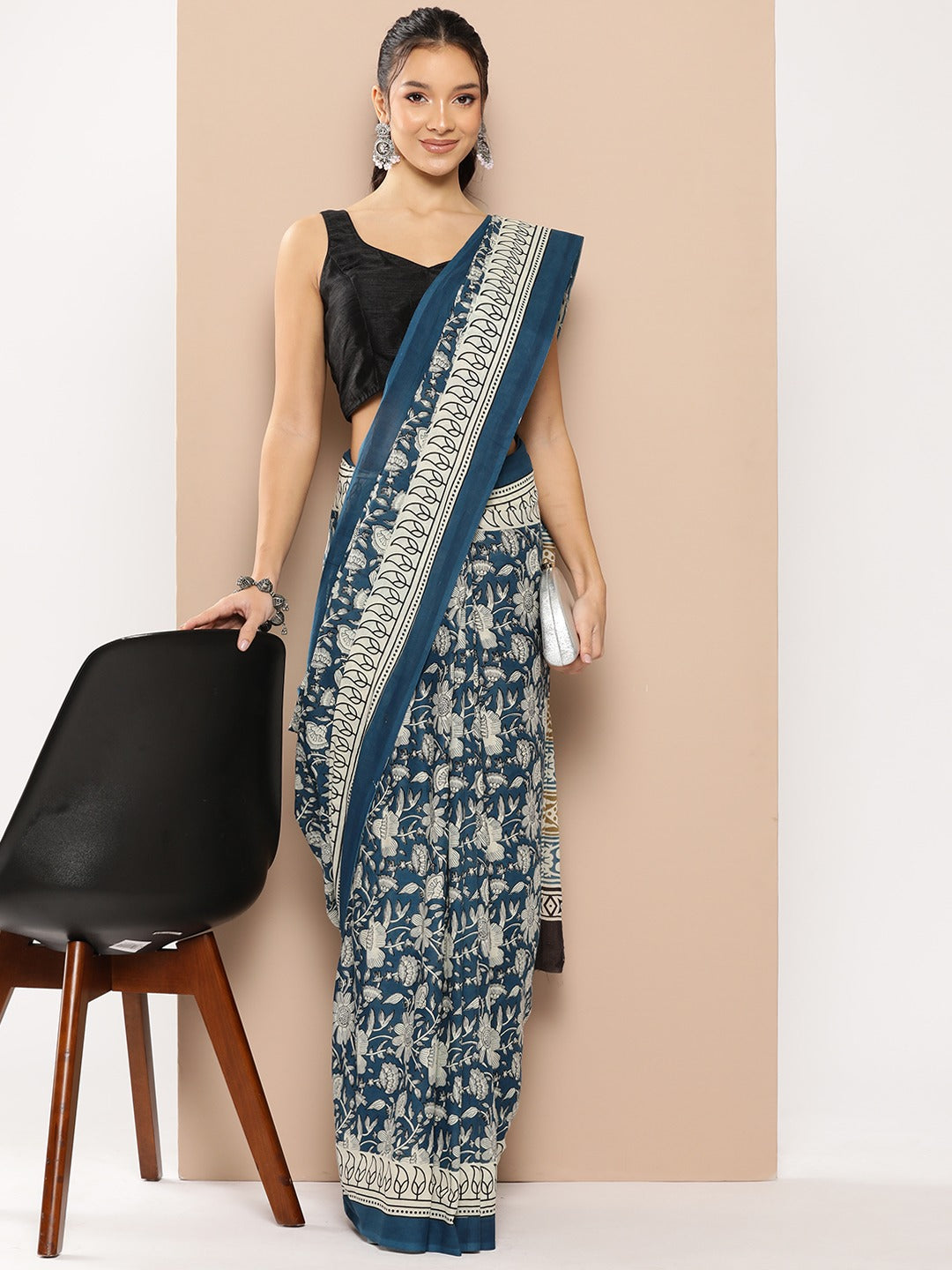 Blue Floral Mulmul Cotton Sarees With Unstitched Blouse-Indiakreations-JS1983SARBL