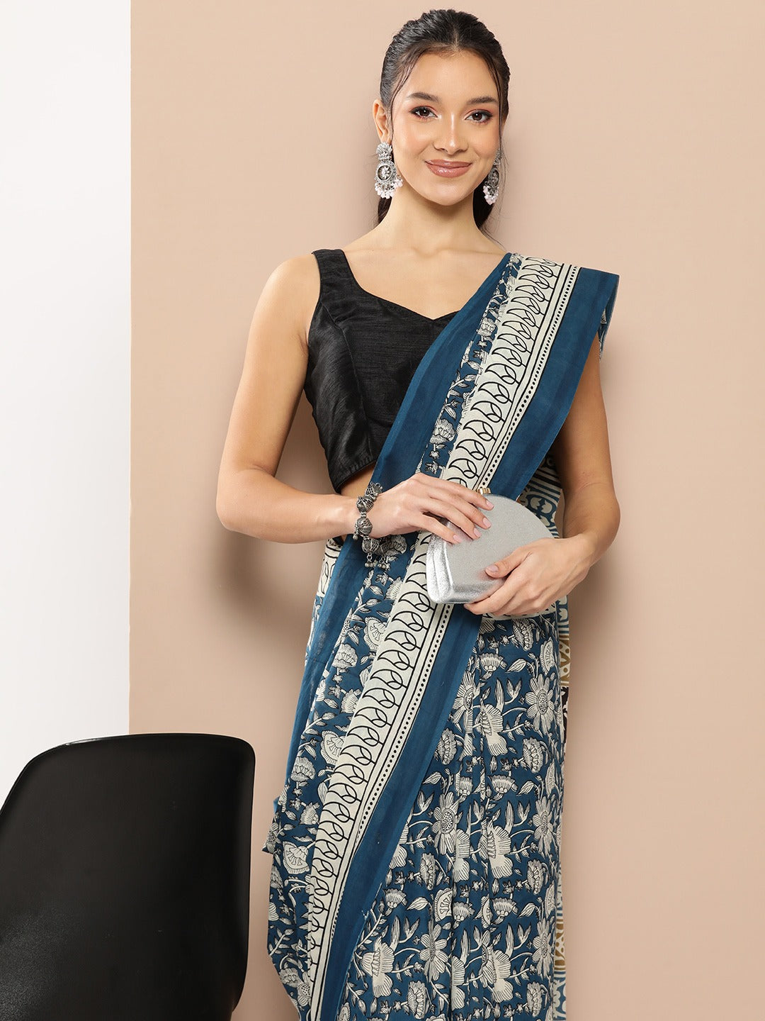 Blue Floral Mulmul Cotton Sarees With Unstitched Blouse-Indiakreations-JS1983SARBL