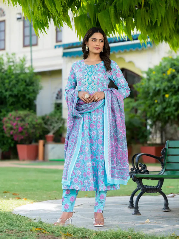 Blue Floral Print Anarkali Kurta Trouser And Dupatta Set-Indiakreations-JS6932SKDBLS