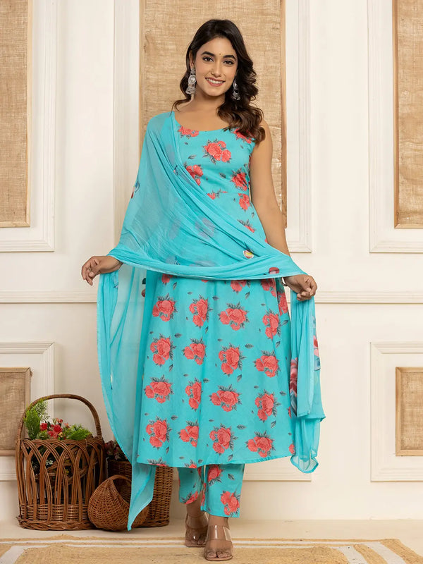 Blue Floral Print Cotton A-Line Style Kurta And Trousers With Dupatta Set-Indiakreations-JS7031SKDBLS