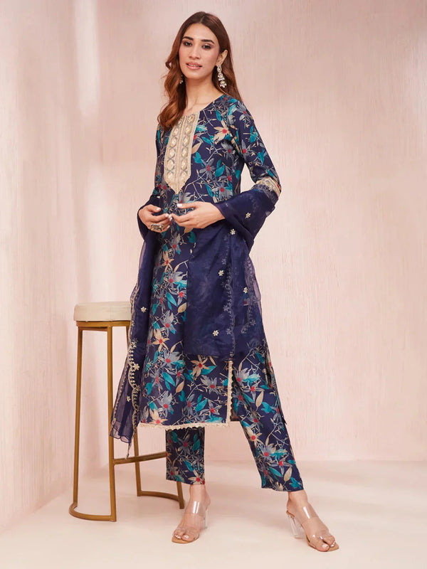 Blue Floral Print Sequins_Work Straight Kurta Trouser And Dupatta Set-Indiakreations-JS1784SKDBLS