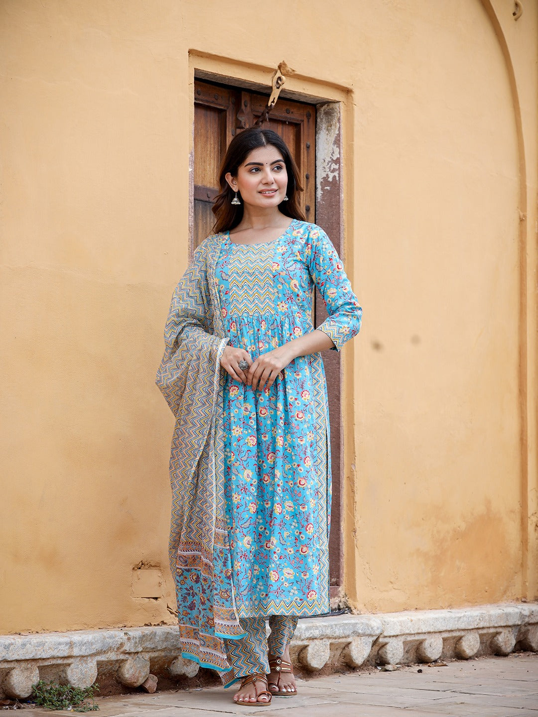 Blue Floral Printed Beads & Stones Pure Cotton Kurta with Trousers & With Dupatta Set-Indiakreations-JS1422SKDBLS