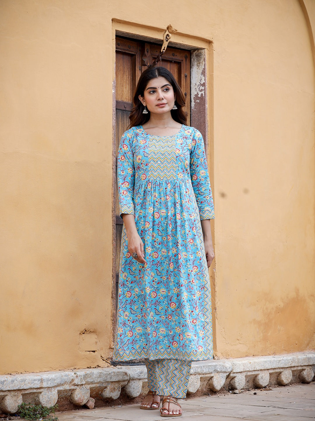 Blue Floral Printed Beads & Stones Pure Cotton Kurta with Trousers & With Dupatta Set-Indiakreations-JS1422SKDBLS