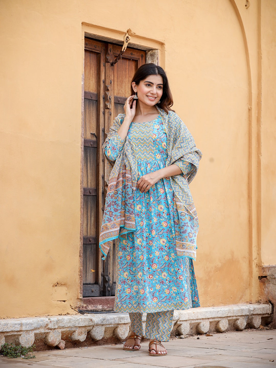 Blue Floral Printed Beads & Stones Pure Cotton Kurta with Trousers & With Dupatta Set-Indiakreations-JS1422SKDBLS