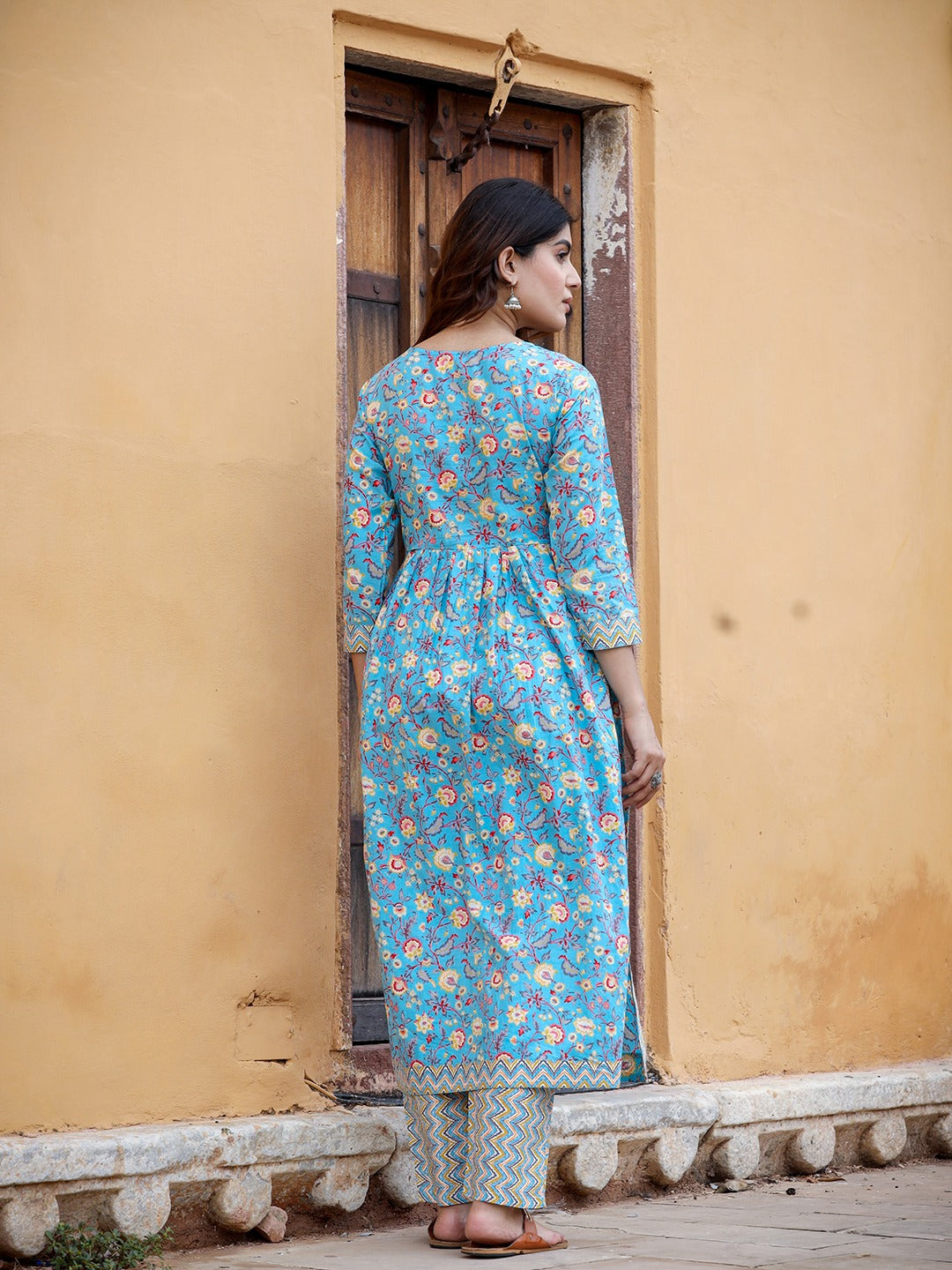 Blue Floral Printed Beads & Stones Pure Cotton Kurta with Trousers & With Dupatta Set-Indiakreations-JS1422SKDBLS