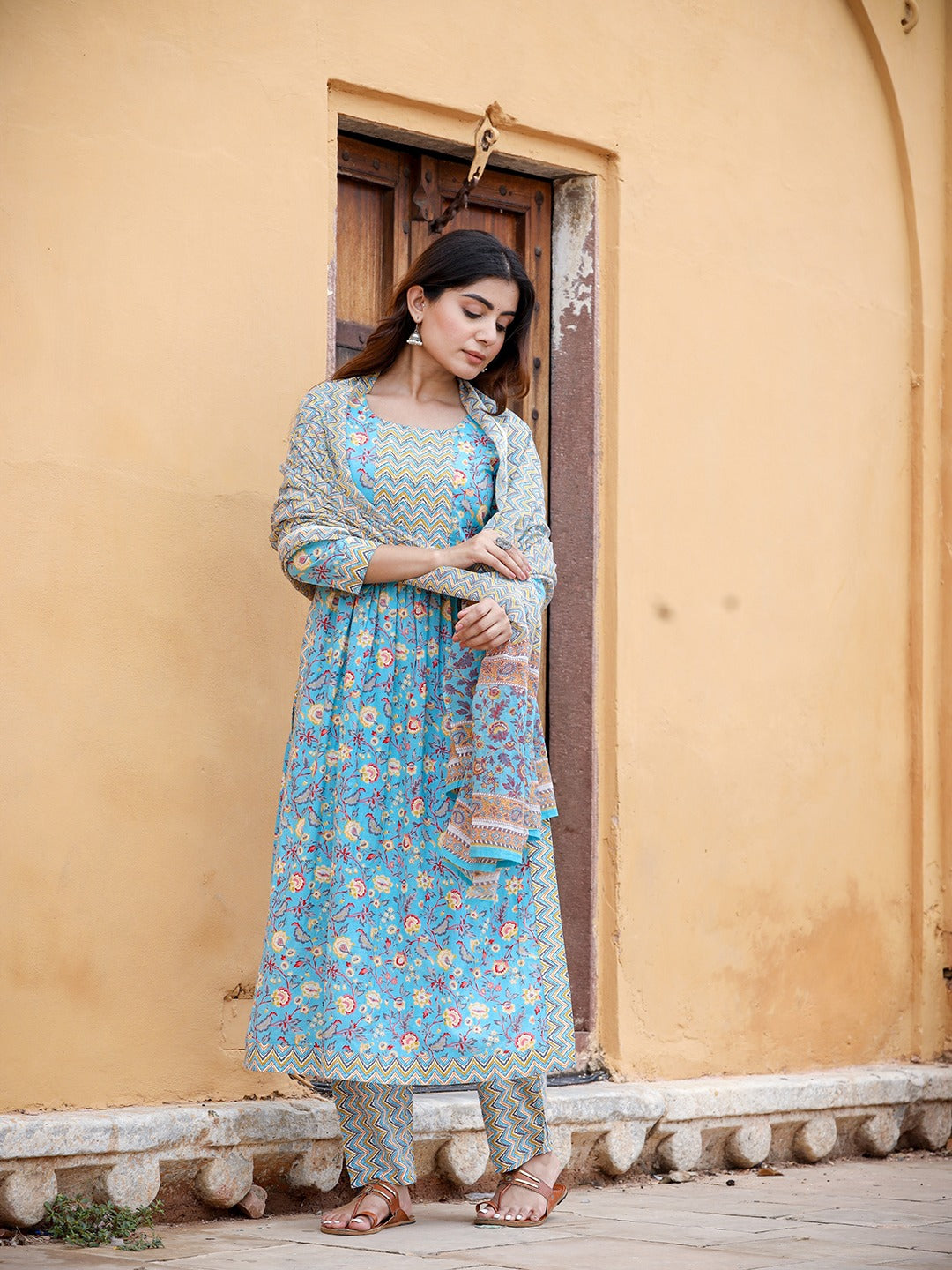 Blue Floral Printed Beads & Stones Pure Cotton Kurta with Trousers & With Dupatta Set-Indiakreations-JS1422SKDBLS