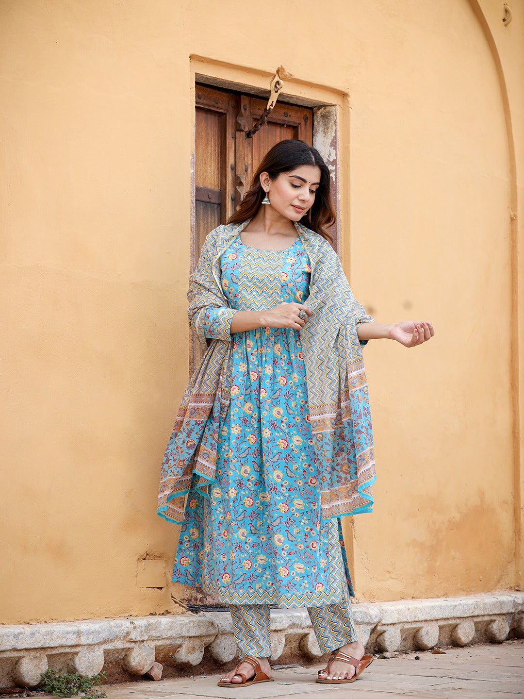 Blue Floral Printed Beads & Stones Pure Cotton Kurta with Trousers & With Dupatta Set-Indiakreations-JS1422SKDBLS