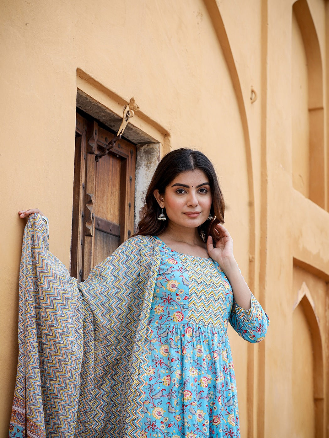 Blue Floral Printed Beads & Stones Pure Cotton Kurta with Trousers & With Dupatta Set-Indiakreations-JS1422SKDBLS