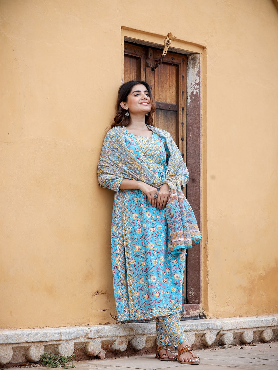 Blue Floral Printed Beads & Stones Pure Cotton Kurta with Trousers & With Dupatta Set-Indiakreations-JS1422SKDBLS