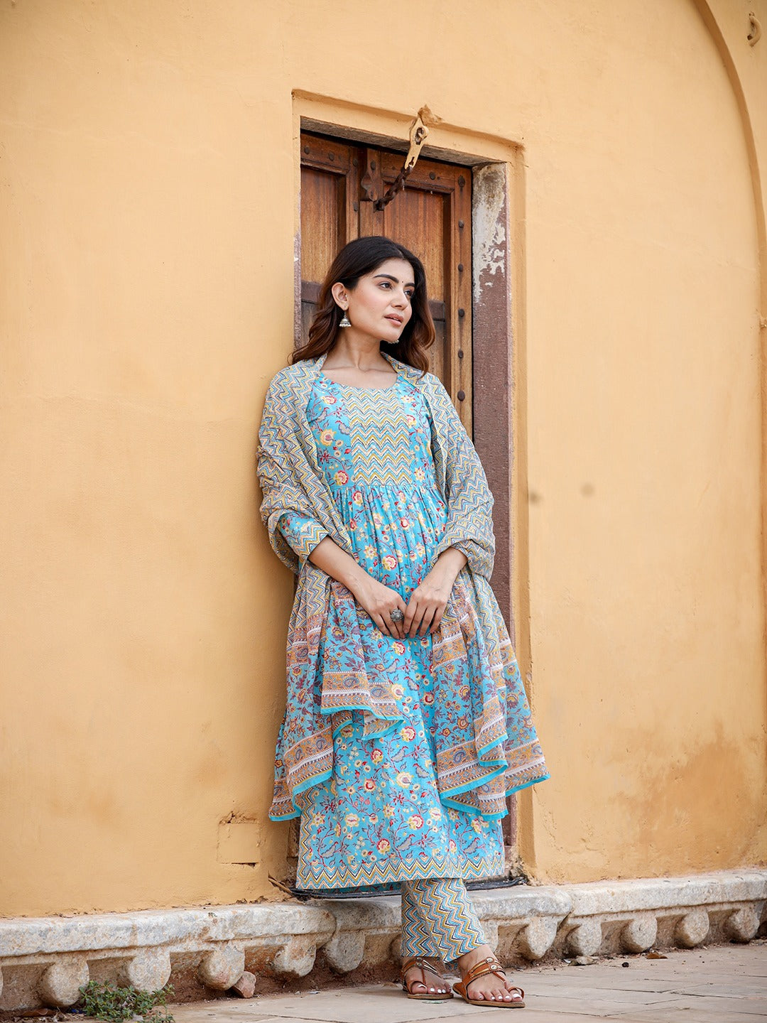 Blue Floral Printed Beads & Stones Pure Cotton Kurta with Trousers & With Dupatta Set-Indiakreations-JS1422SKDBLS