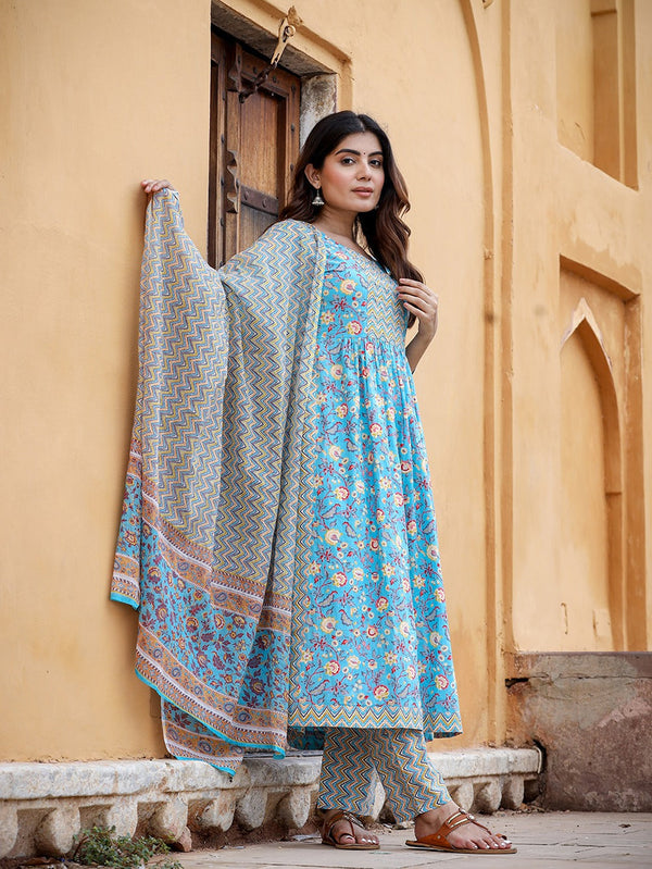 Blue Floral Printed Beads & Stones Pure Cotton Kurta with Trousers & With Dupatta Set-Indiakreations-JS1422SKDBLS