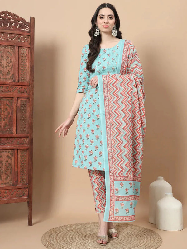 Blue Floral,Sequins_Work Straight Kurta Trouser And Dupatta Set-Indiakreations-JS1816SKDBLS