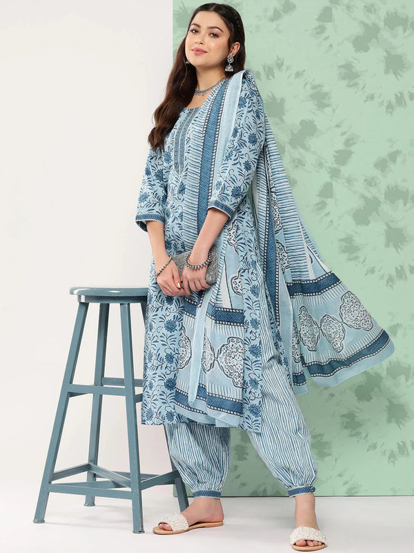 Blue Gotta-Patti Cotton Kurti Pant Set With Dupatta-Indiakreations-JS1152SKDBLS