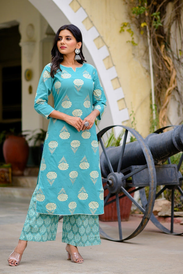 Blue & Off-White Printed Kurta Set-Indiakreations-JSYUFEKSET702S