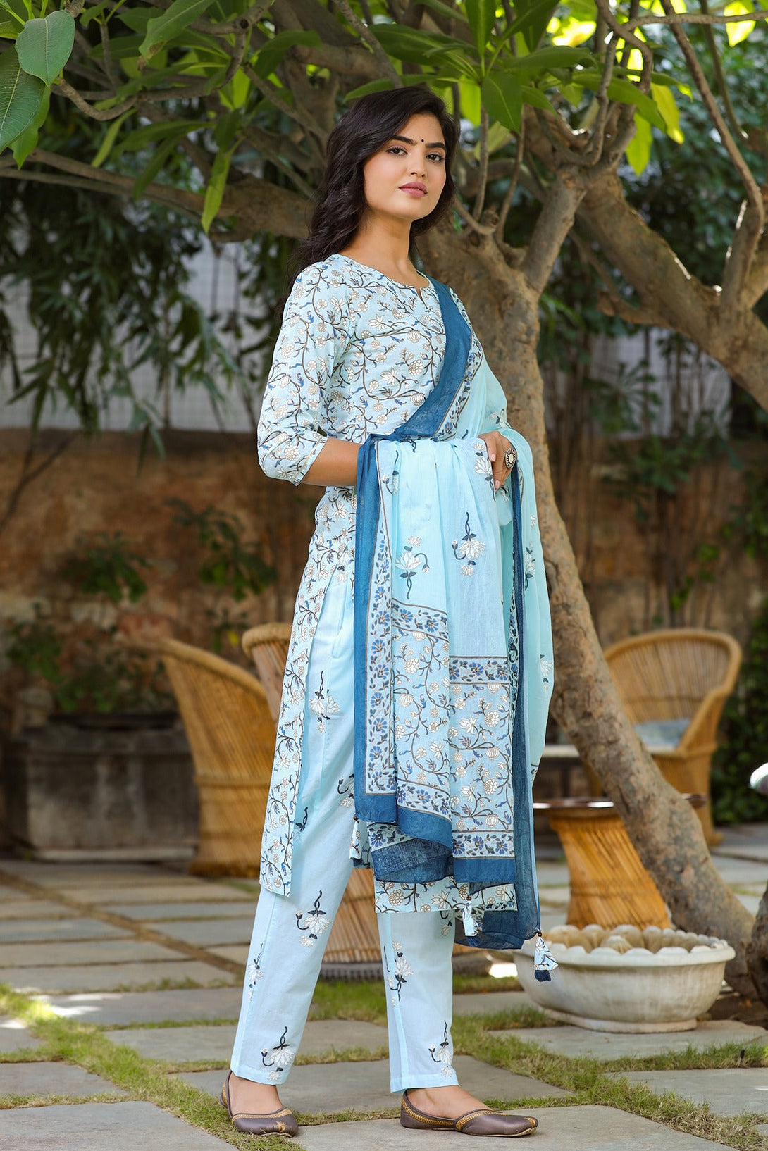 Blue & Offwhite Printed Dupatta Set-Indiakreations-JS9305SKDSBS