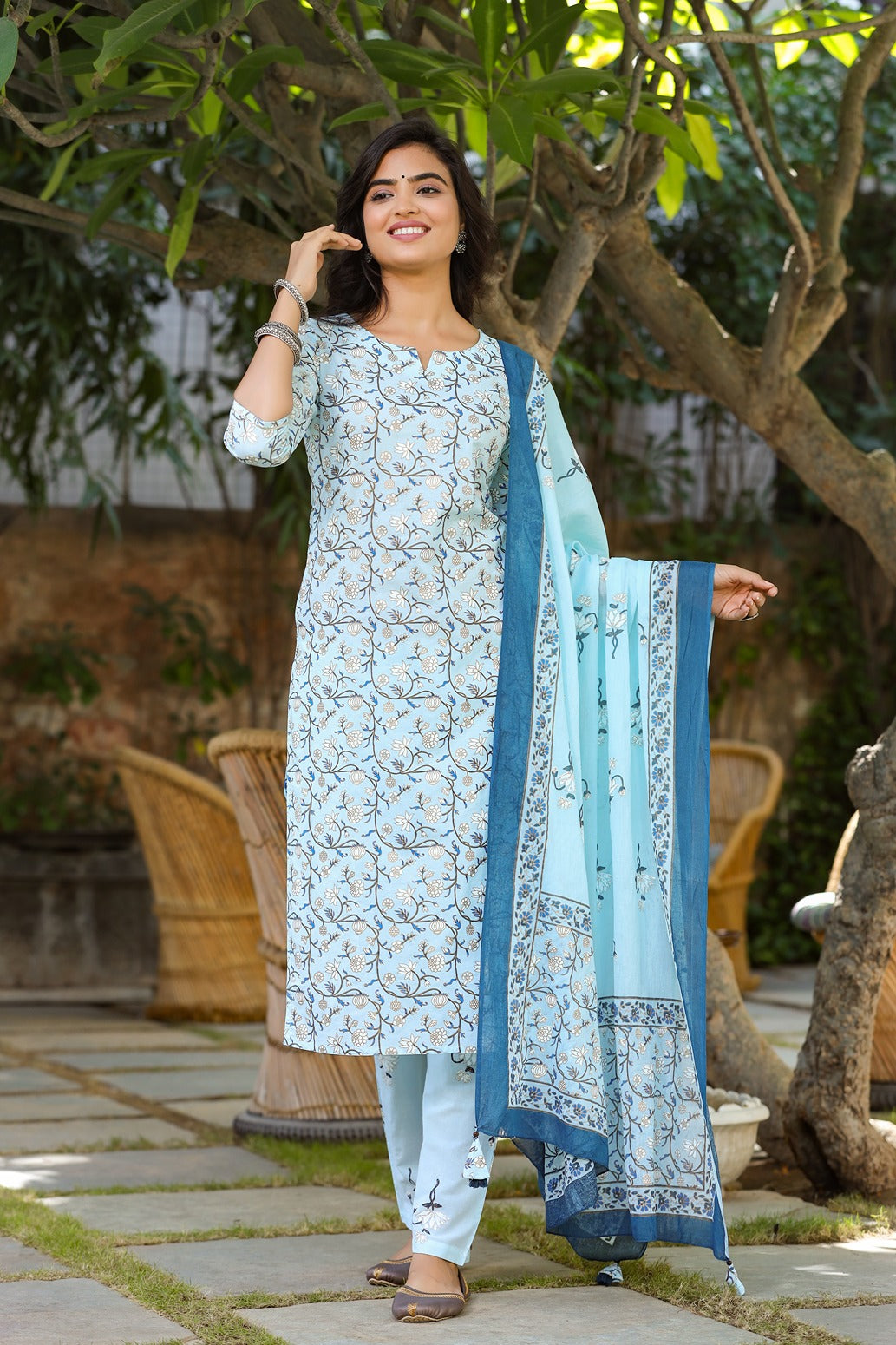 Blue & Offwhite Printed Dupatta Set-Indiakreations-JS9305SKDSBS