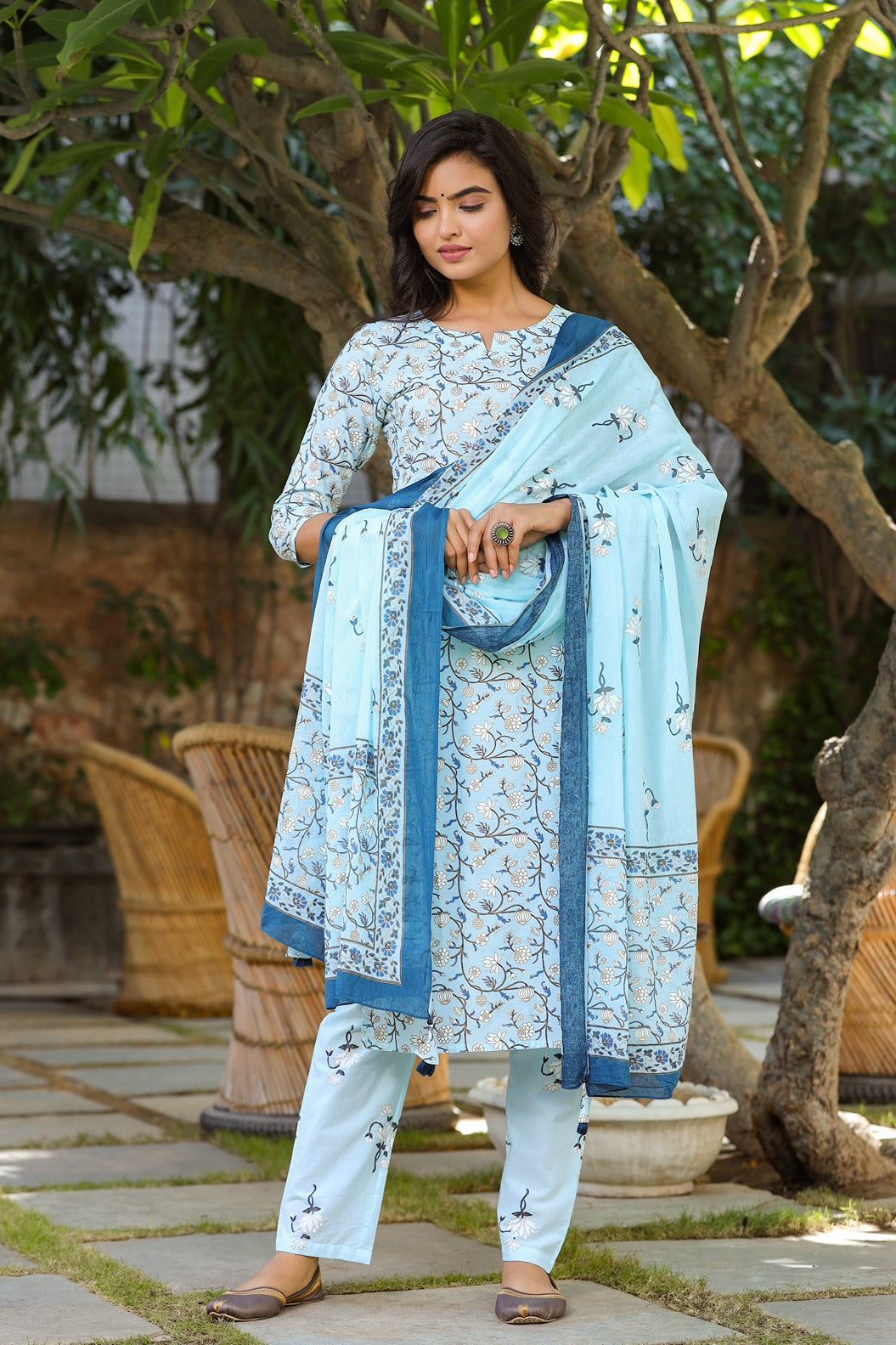 Blue & Offwhite Printed Dupatta Set-Indiakreations-JS9305SKDSBS