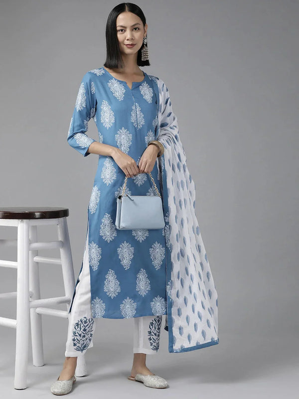 Blue Paisley Printed Dupatta Set-Indiakreations-JS1118SKDBLS