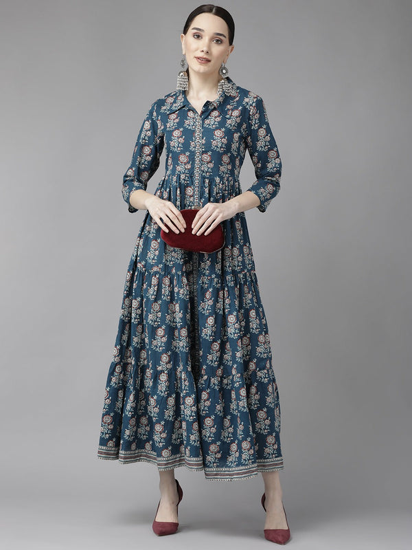 Blue Print Cotton Maxi Dress-Indiakreations-JS9690DRSBLS